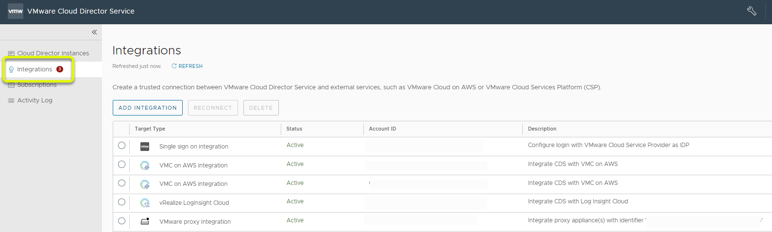 A screenshot of the Integrations screen in the VMware Cloud Director serviceUI