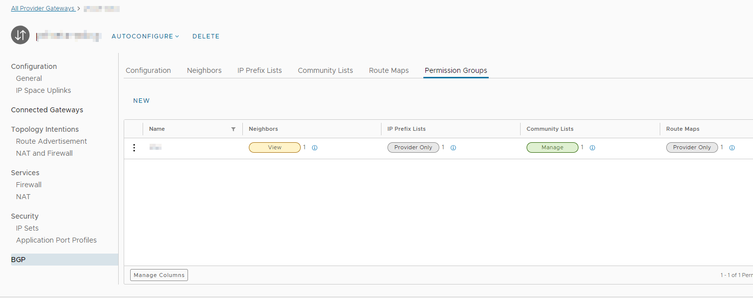 A view of the BGP permission group settings for a private provider gateway that uses IP spaces. The permission for BGP neighbor is set to View, the permission for community lists is set to Manage, and the permissions for IP prefix lists and route maps are set to Provider Only.