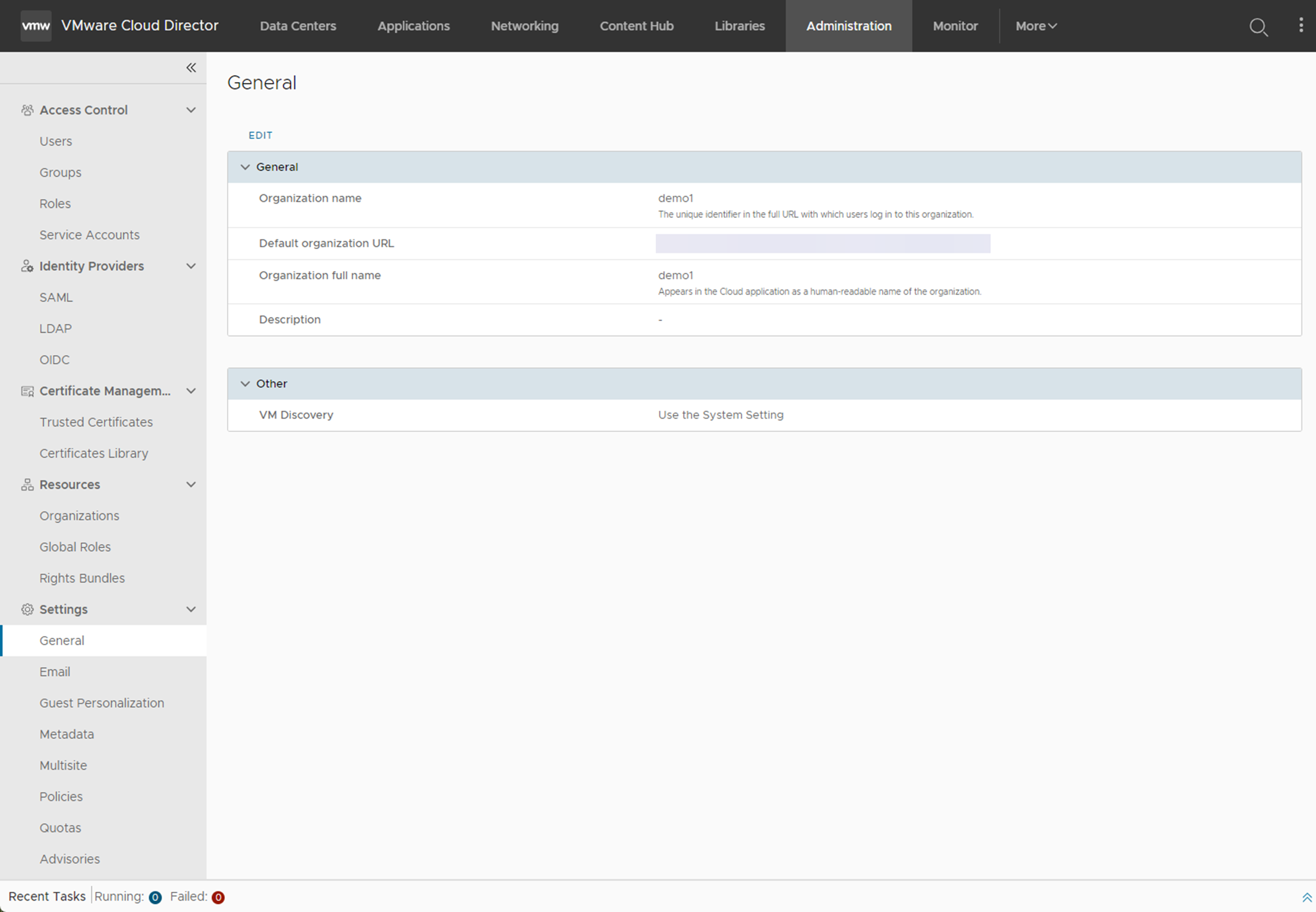 You can view and edit the general organization settings, including the VM Discovery setting.