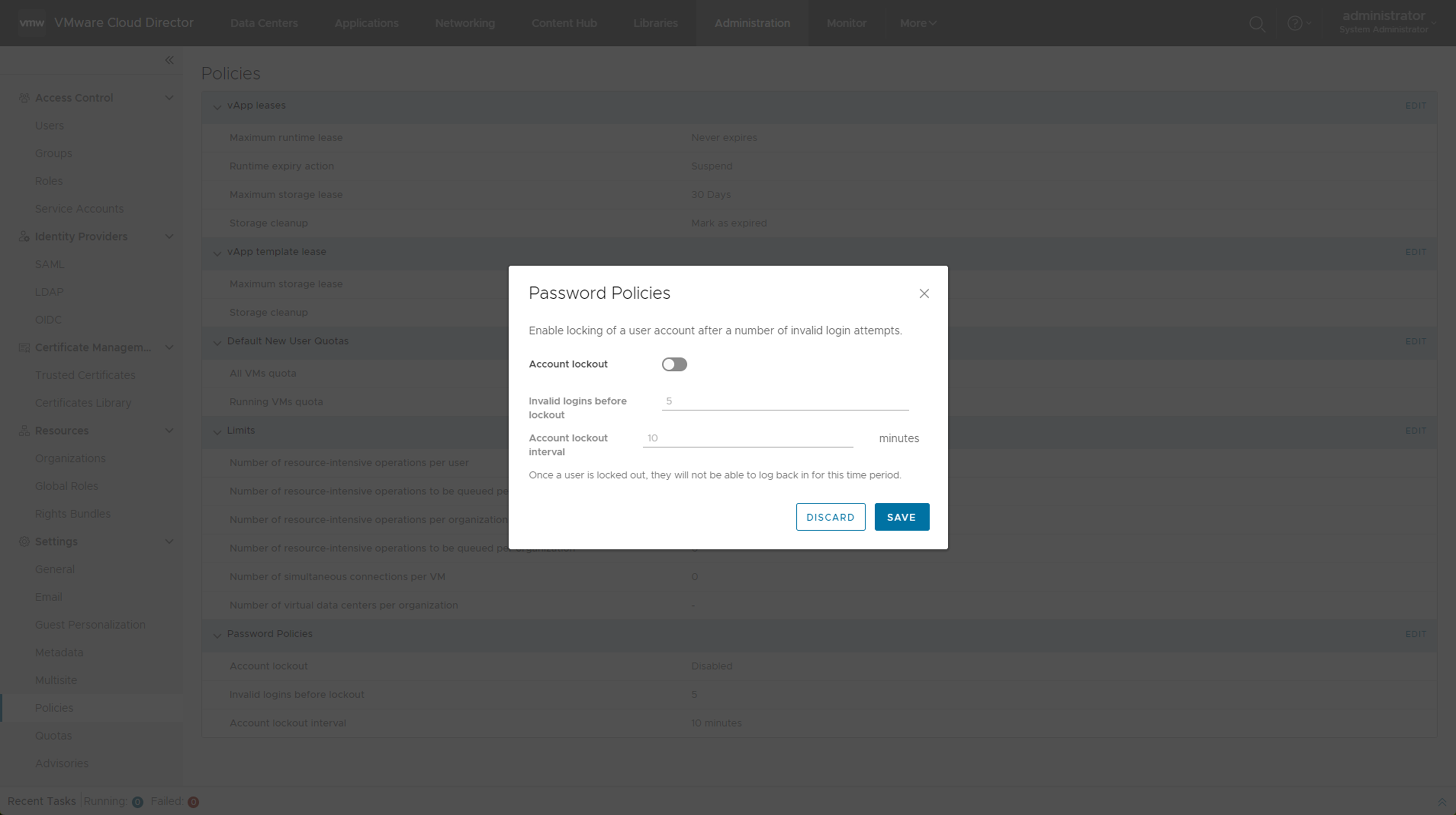 You can edit the password and account policies by using the Edit Password Policy modal.