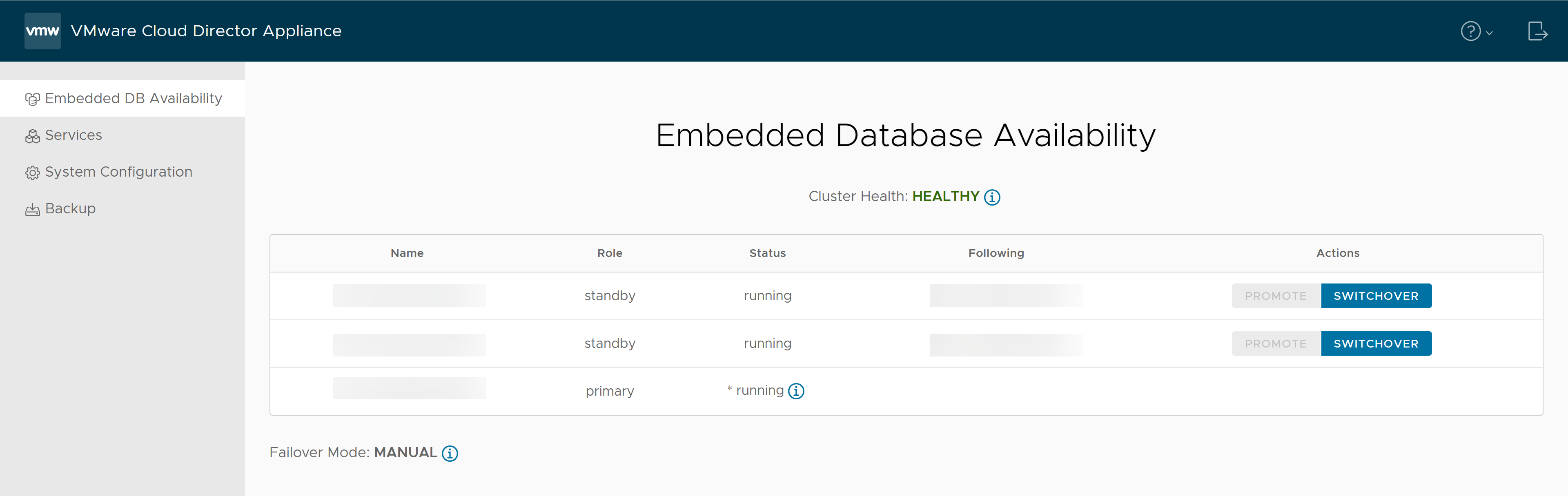 The Embedded Database Availability tab of the VMware Cloud Director appliance management UI shows the cluster health and failover mode of the appliance.