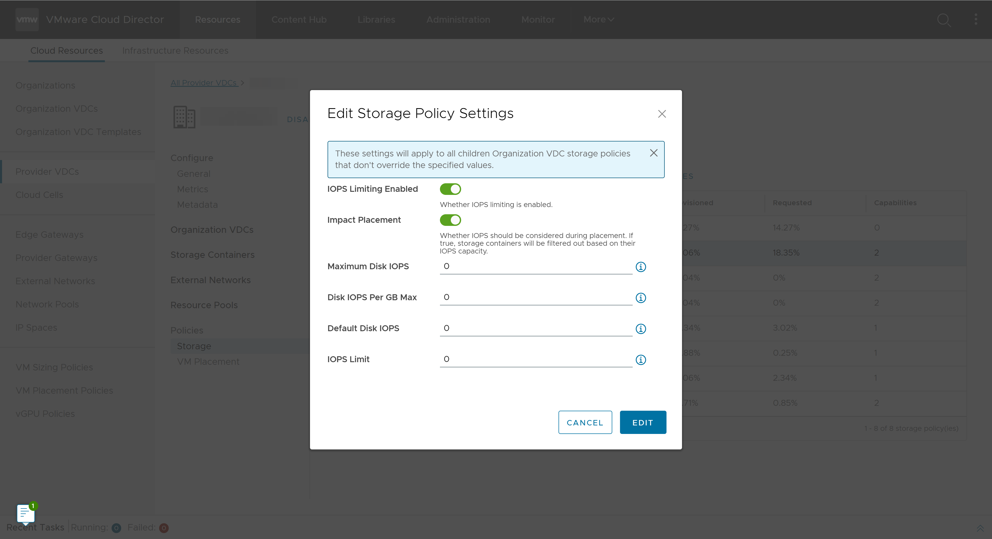 The screenshot shows the Edit Storage Policy Settings modal.