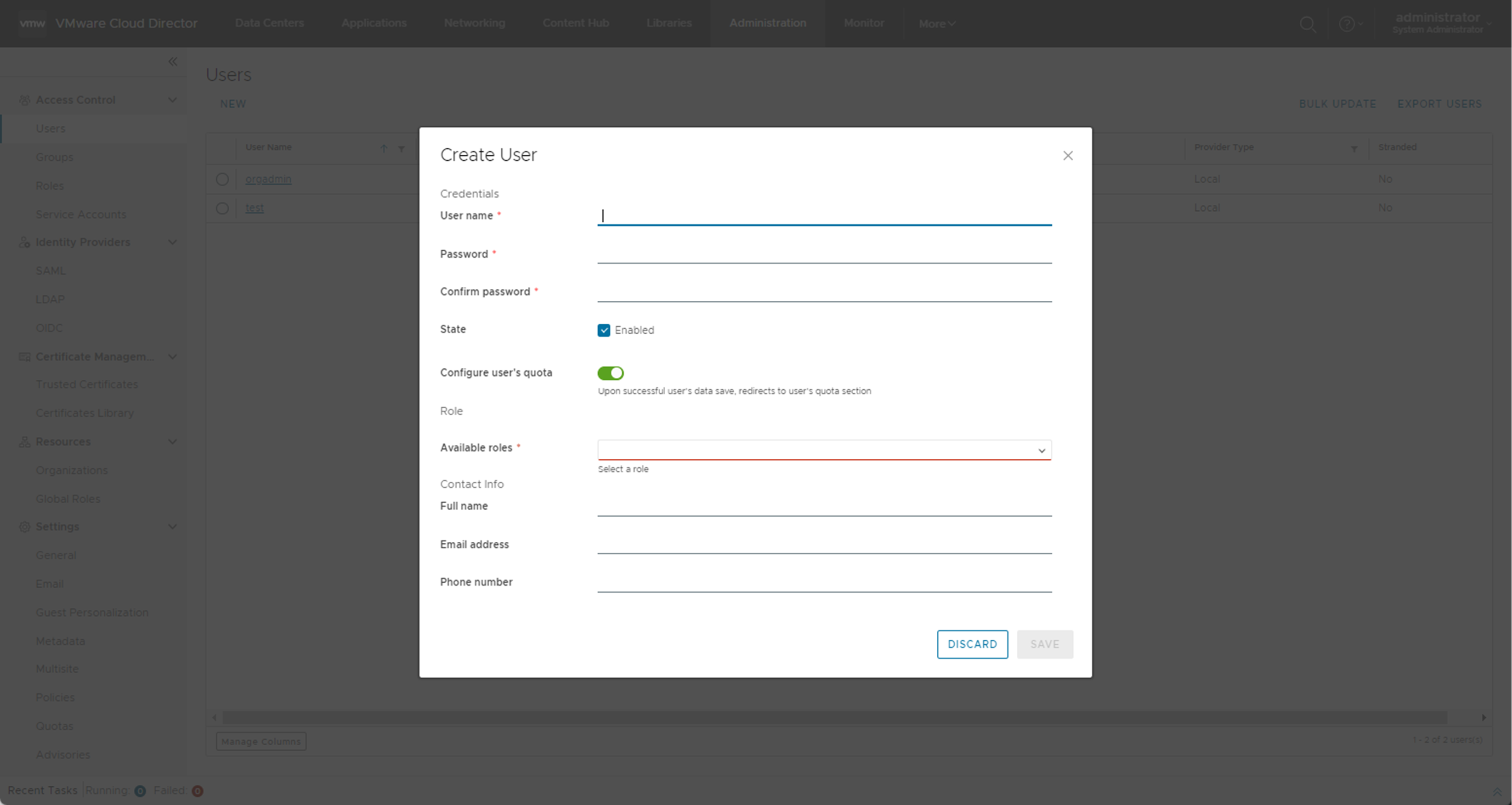 You can create a VMware Cloud Director user by selecting a user name, password, and role.