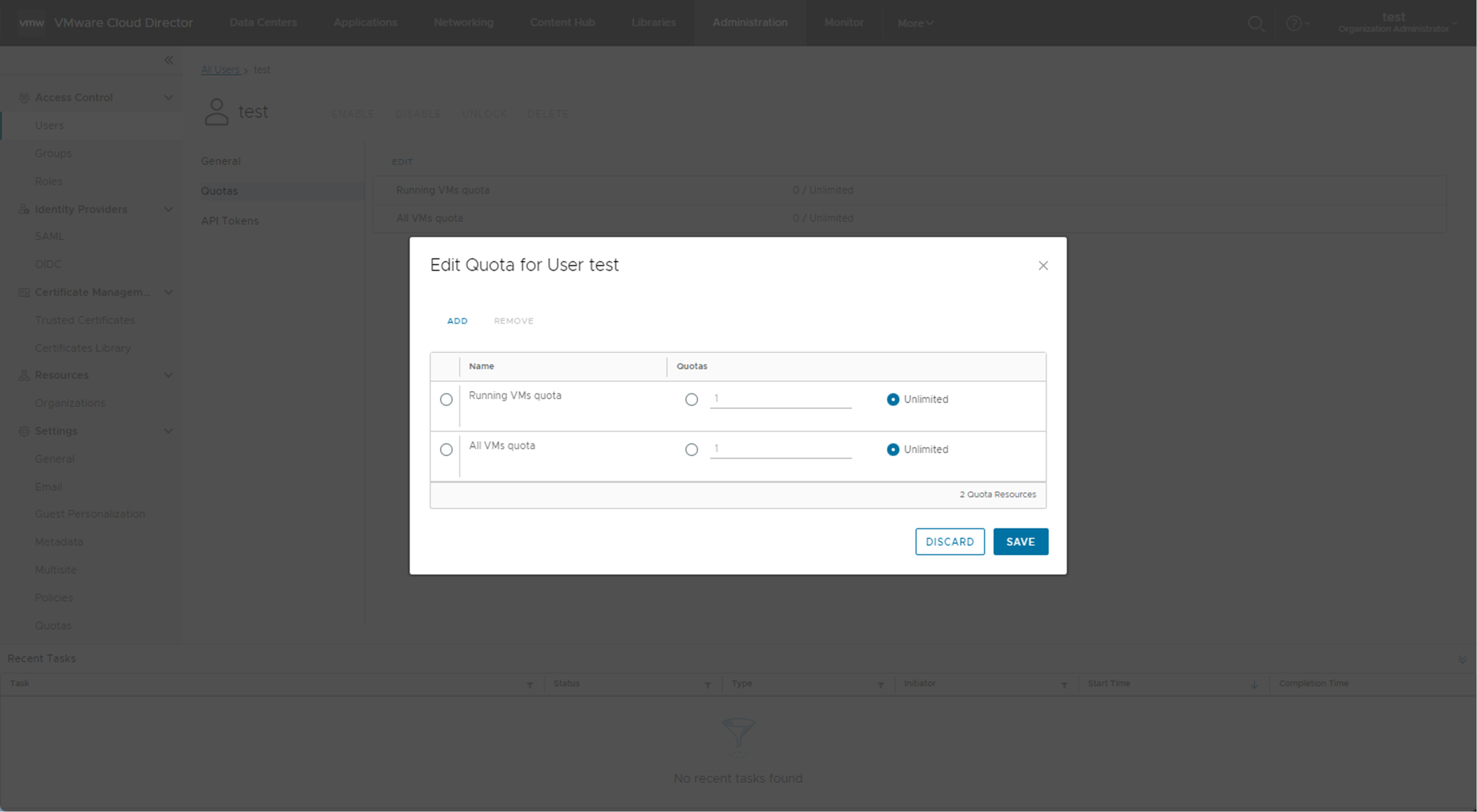 You can add or edit resource quotas for specific VMware Cloud Director users.