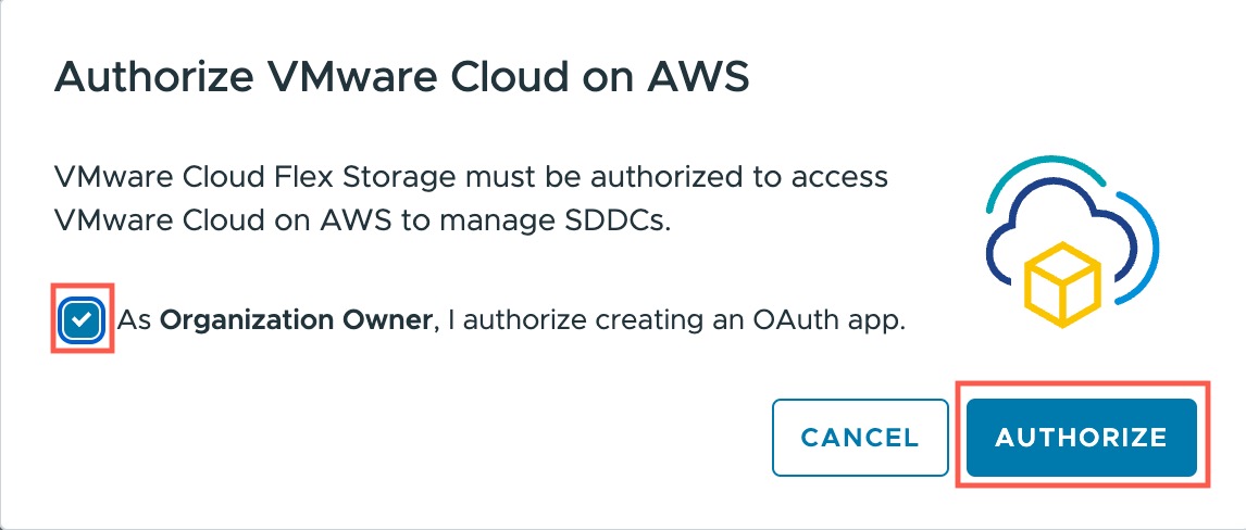 Dialog box to authorize OAuth app creation so VMware Cloud Flex Storage can access VMware Cloud on AWS.