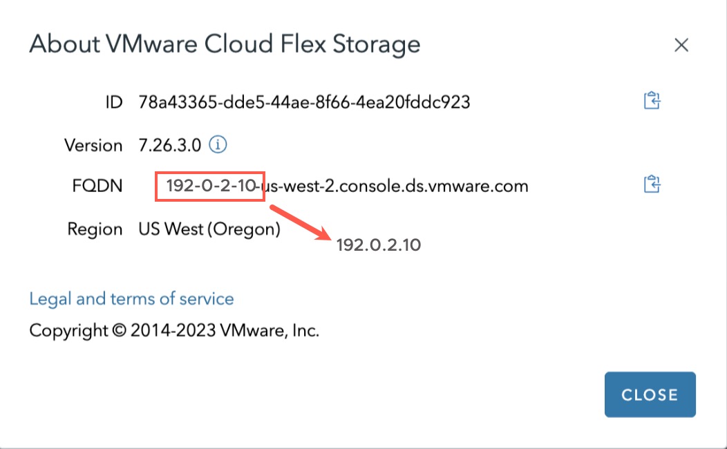 Take the VMware Cloud Flex Storage FQDN and convert to IP address for the allow list.
