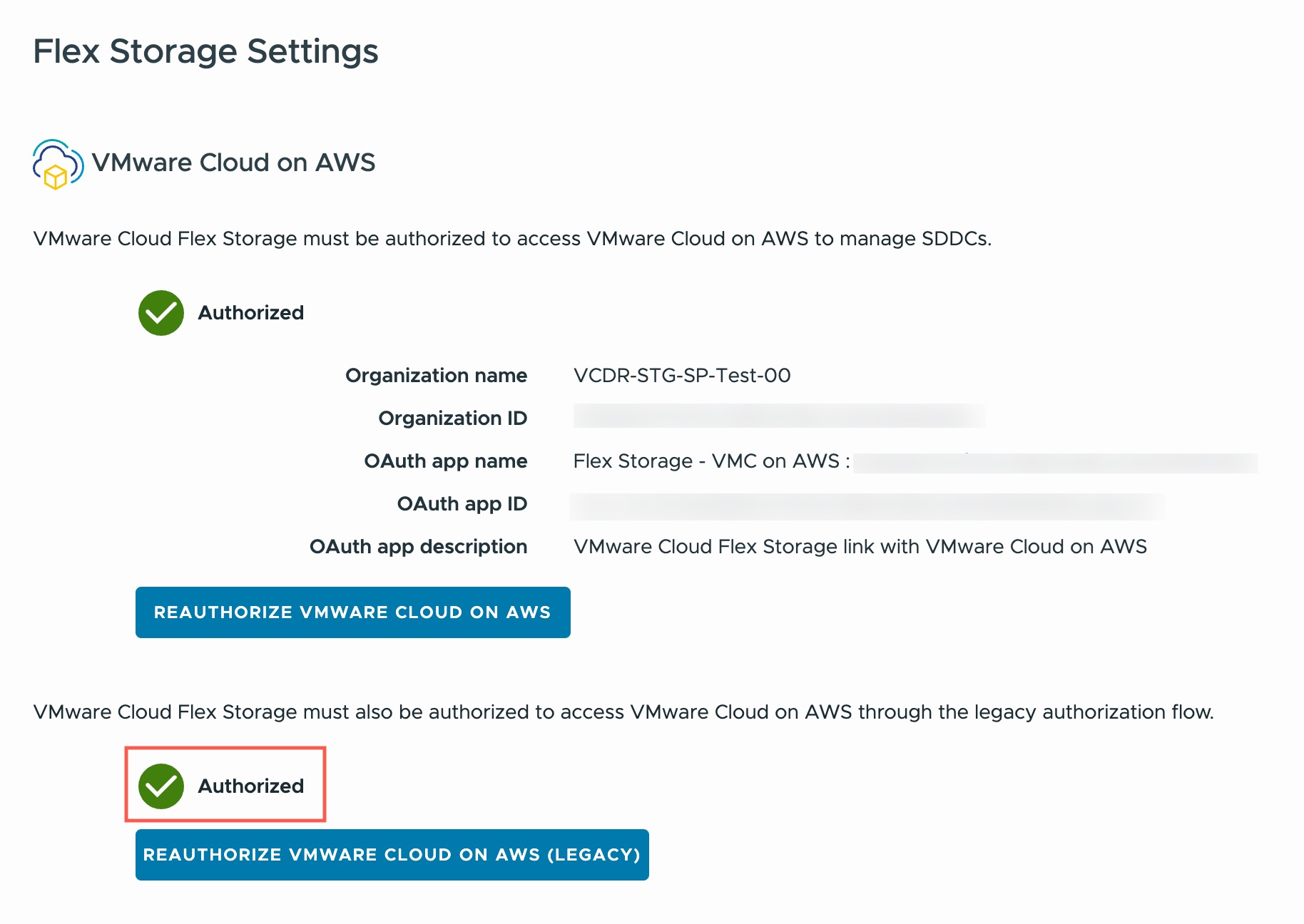 Flex Storage settings shows VMware Cloud Flex Storage is authorized by the OAuth app.