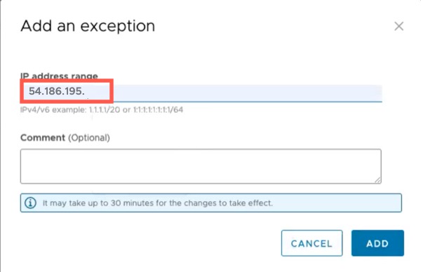 Add exception dialog box is where you add the VMware Cloud Flex Storage IP addresses.