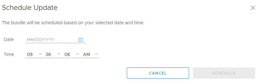 Schedule Update window to select the date and time for the bundle to be applied.
