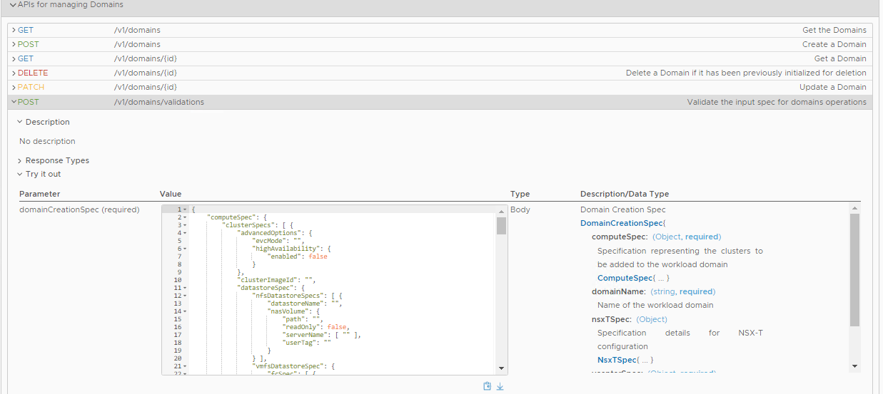 domainCreationSpec validation in the API Explorer