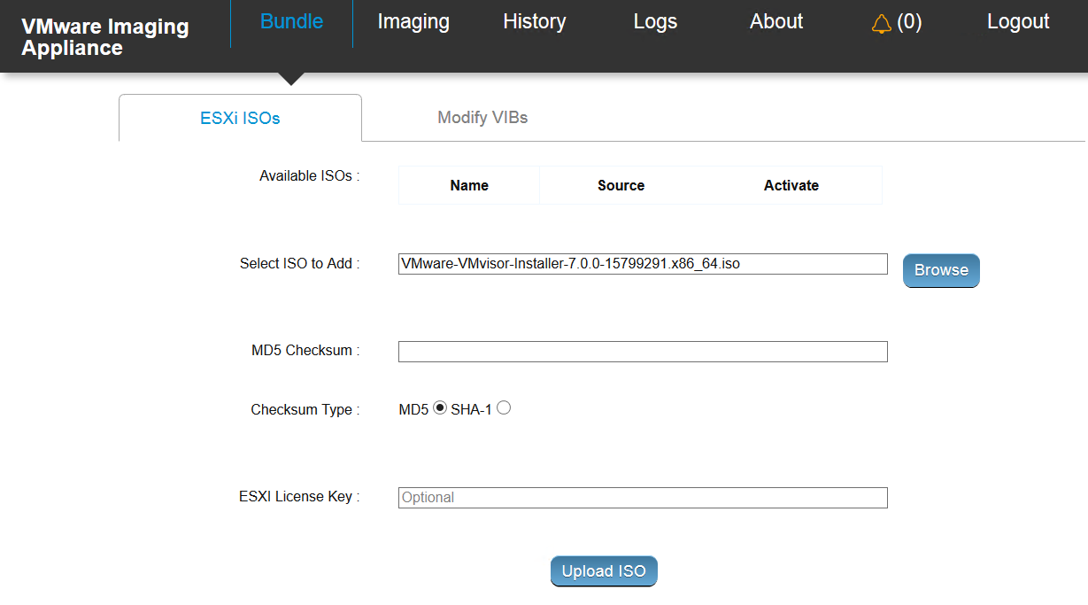 On the ESXi ISOs page of Bundle tab on the VMware Imaging Appliance tool, under the Checksum Type, select the appropriate type and enter the checksum. If you are uploading a user-created custom ISO, you can use an MD5 utility to generate a checksum to enter here, under the Checksum Type.