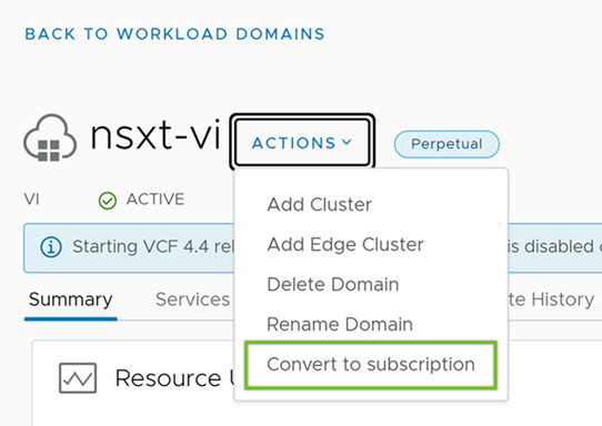 The workload domain action dropdown presents an option to convert the perpetual license to a subscription.