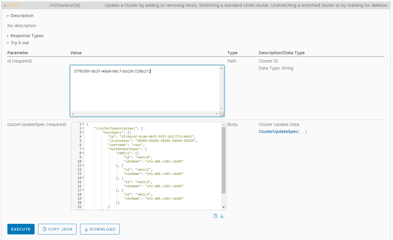 Paste the validated clusterUpdateSpec and click Execute