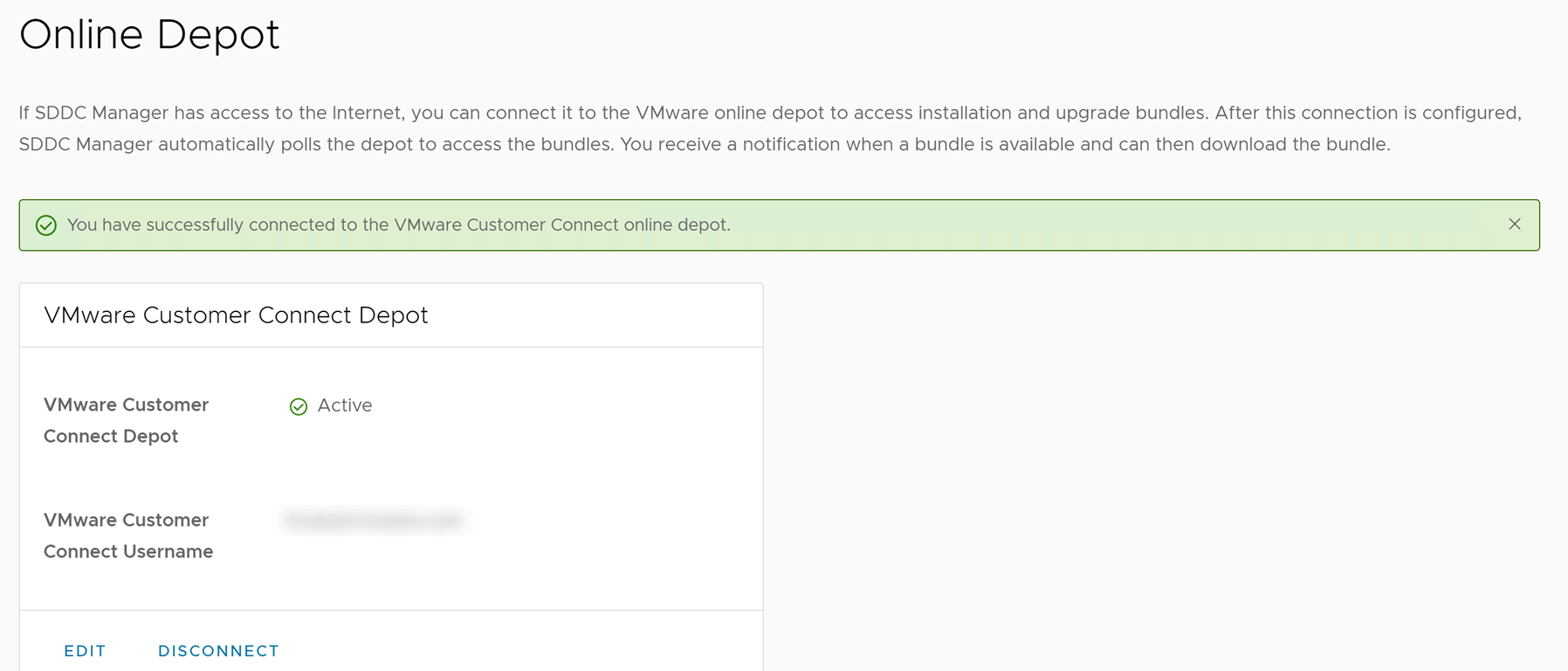 Successfully connected to the VMware Customer Connect online depot.