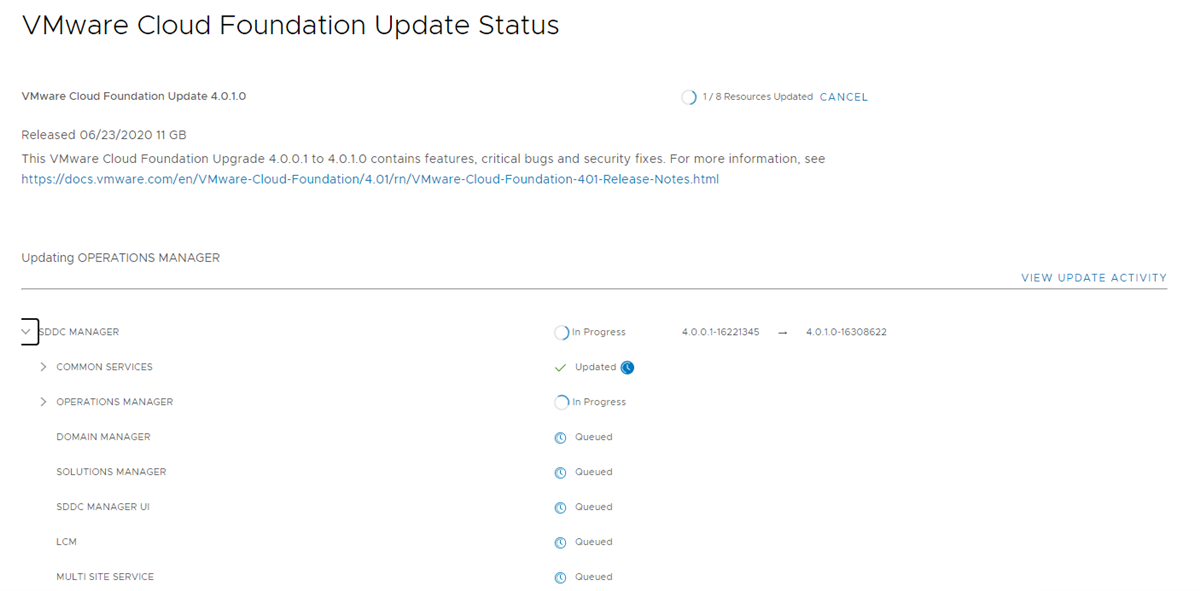 Image showing a list of tasks being performed to update the component. Completed tasks show a green check mark.