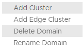 A list of menu options for workload domains, showing Delete Domain.