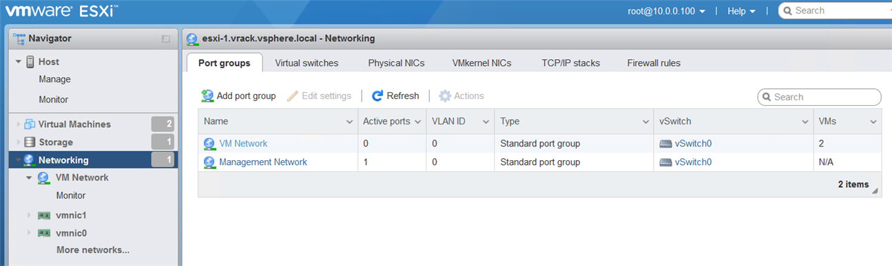 On the Port groups tab of your ESXI host, ensure that the Management Network and VM Network port groups on each host use the untagged VLAN (VLAN ID 0)