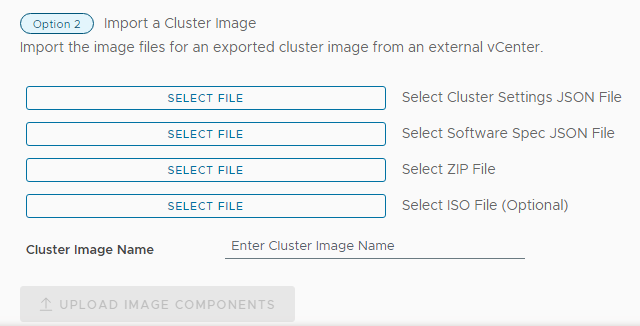 Settings for Option 2: Import a Cluster Image.