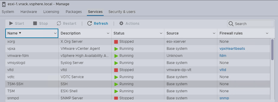 The Services tab for an ESXi host in the VMware Host Client.