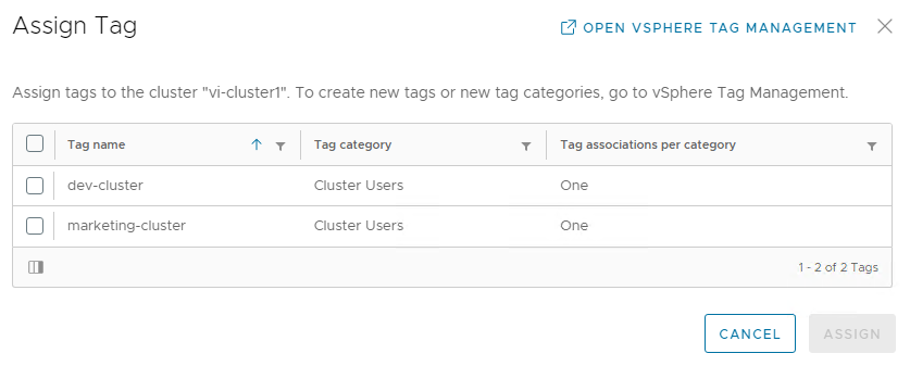 Assign Tags dialog, showing available cluster tags.