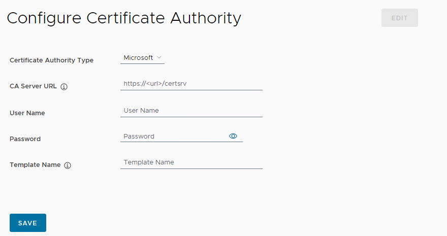 The settings for configuring a Microsoft Certificate Authority.