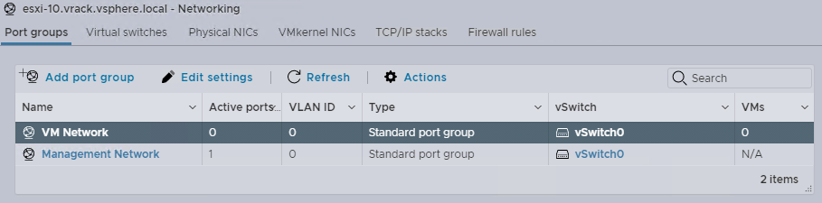 The Port groups tab for an ESXi host in the VMware Host Client.