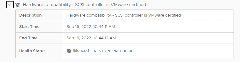 An example of an alert that was silenced in vSAN Skyline Health.
