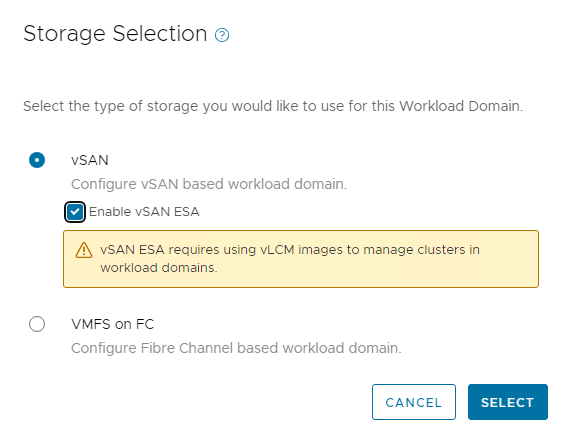 Stroage selection window, showing vSAN and VMFS of FC options.