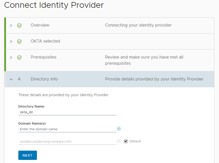 Directory information section of the Connect Identity Provider wizard.