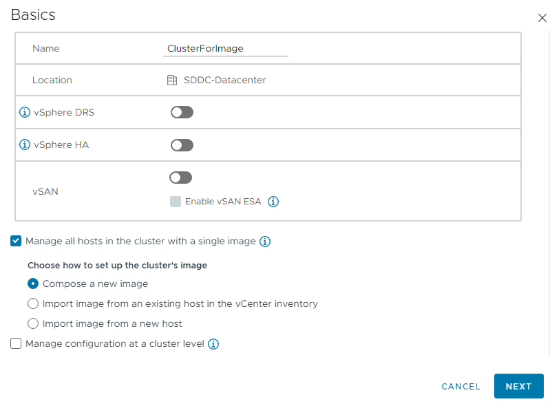 The new cluster settings for creating a vSphere Lifecycle Manager image.