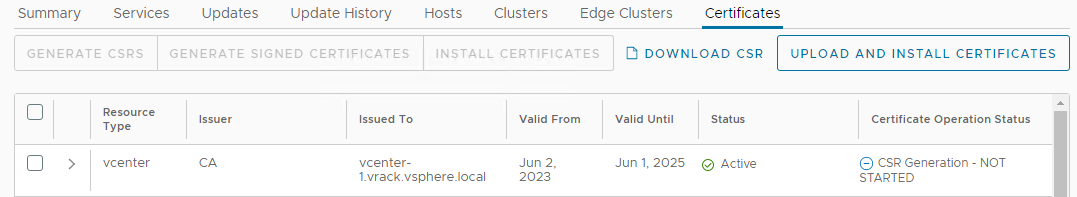 The Certificates tab for a workload domain.