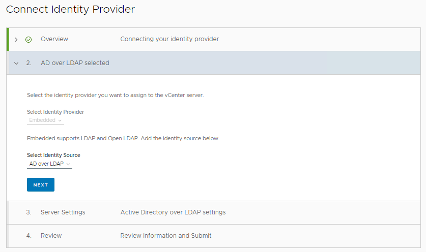 The first screen of the Connect Identity Provider wizard. AD over LDAP selected.