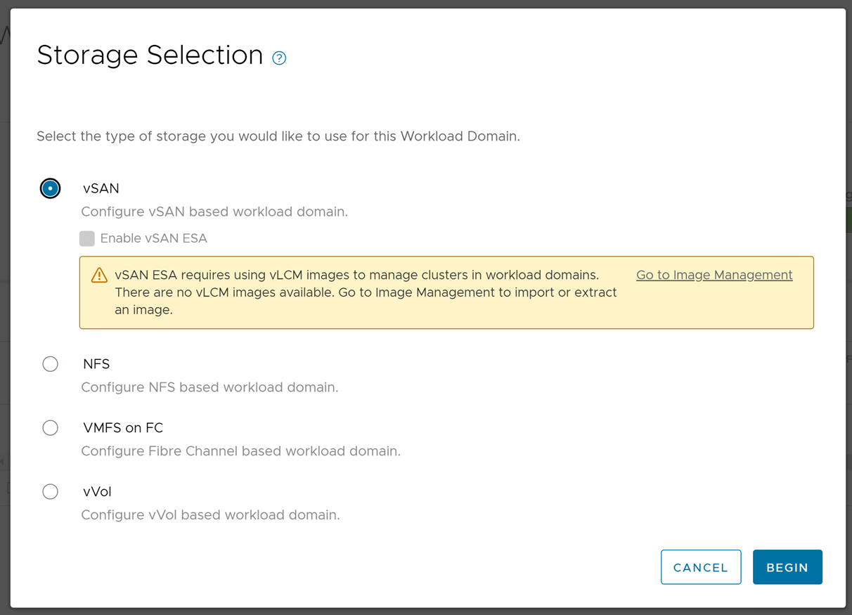 The Storage Selection settings for a VI workload domain.