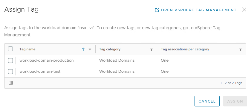 Assign Tag dialog for a workload domain.