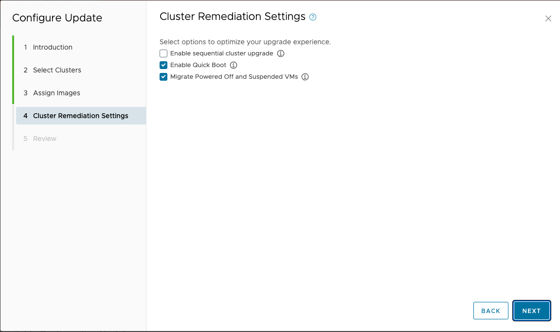 Cluster Remediation Settings shows the options for Enable Quick Boot and Migrate Powered Off and Suspended VMs are selected.
