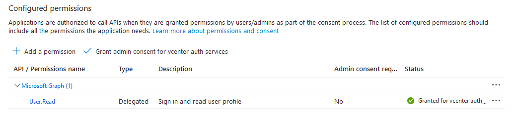 Screen that shows the Grant admin consent for vcenter auth services option. vcenter auth services is an example tenant organization name.