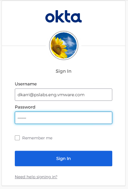 The sign in screen for Okta.
