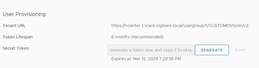 User Provisioning section for an Okta identity provider, showing the tenant URL and secret token.