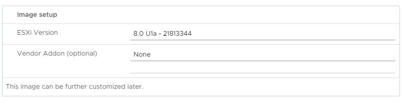 The settings page for the ESXi version and optional vendor add-on.