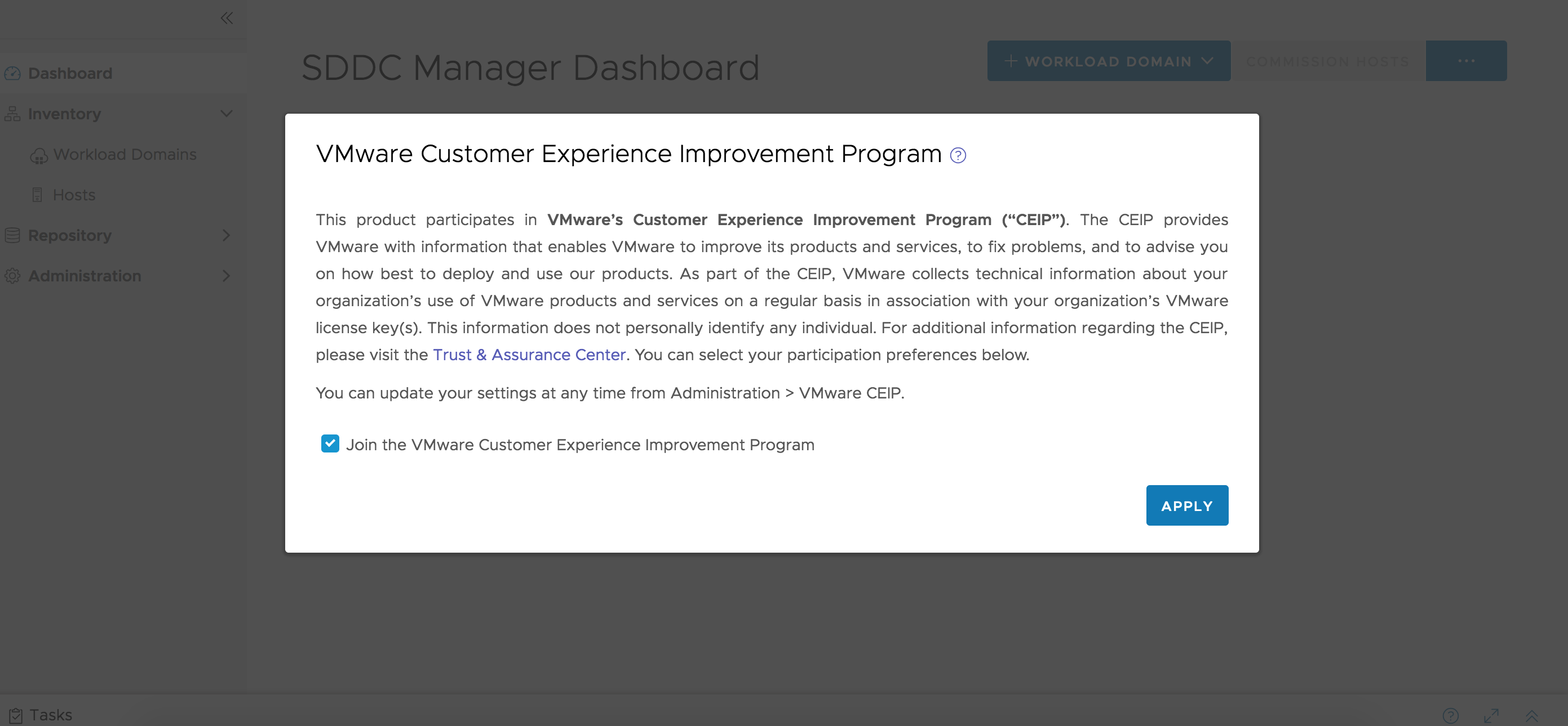 An image of the VMware Customer Experience Improvement Program (CEIP) pop-up window. You can choose to join CEIP or not.