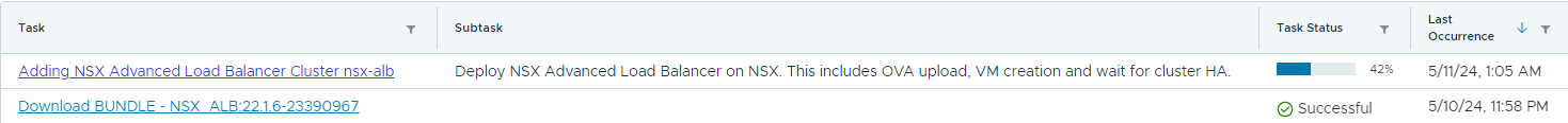 The Tasks panel showing the status of the NSX Advanced load Balancer cluster deployment.