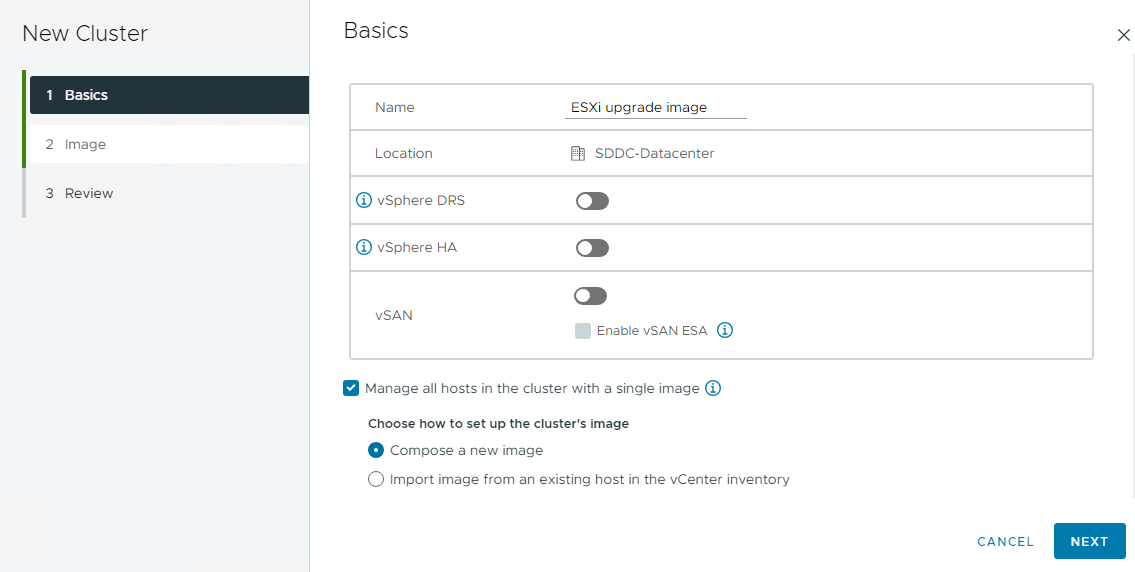 New cluster settings with cluster name and default settings