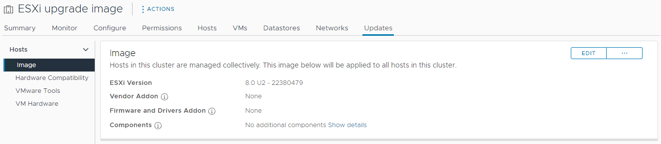 vSphere Client view of the new cluster image settings.