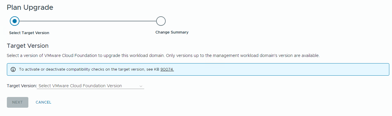 Selecting the target version of VMware Cloud Foundation for an upgrade plan.