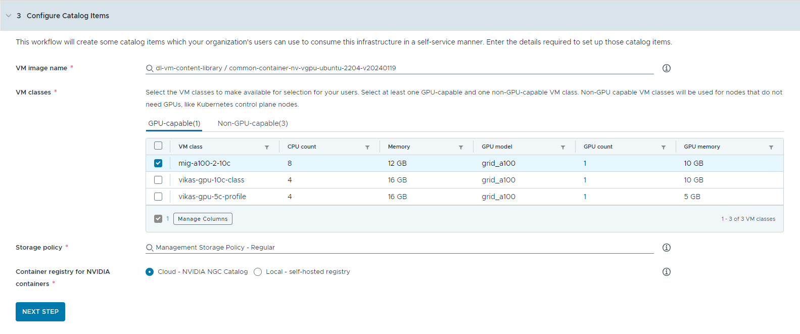 Step 3 of the Catalog Setup Wizard is to configure catalog items.