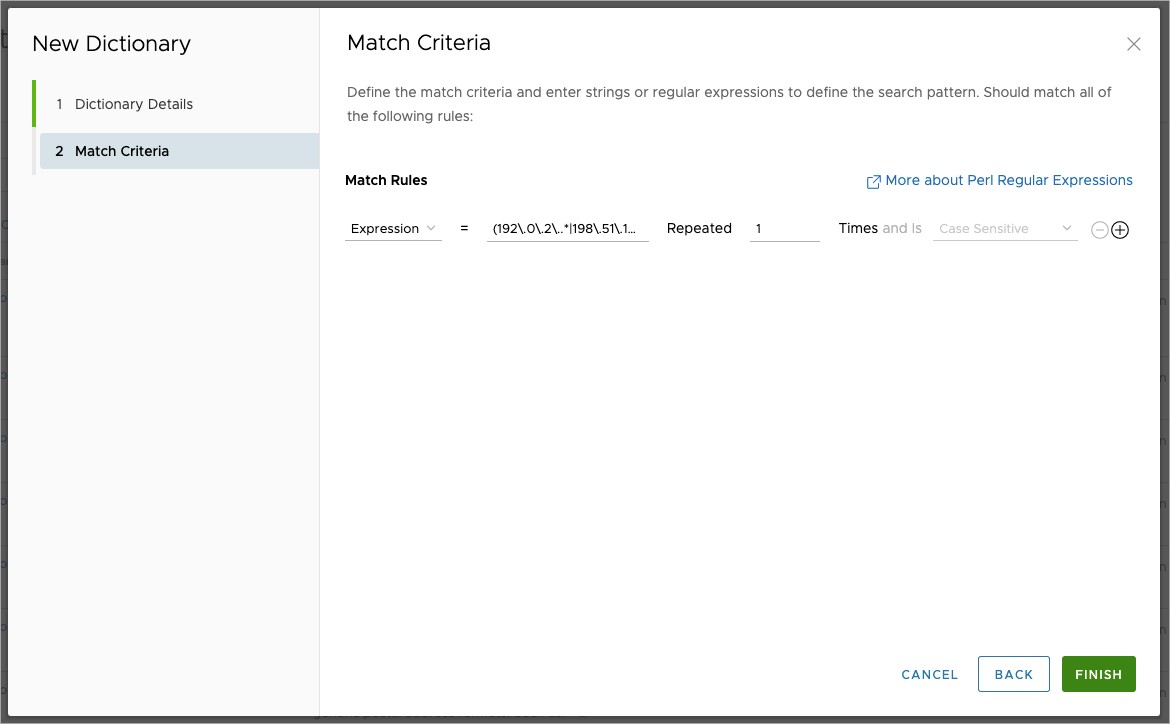 New Dictionary configuration screen with Match Criteria