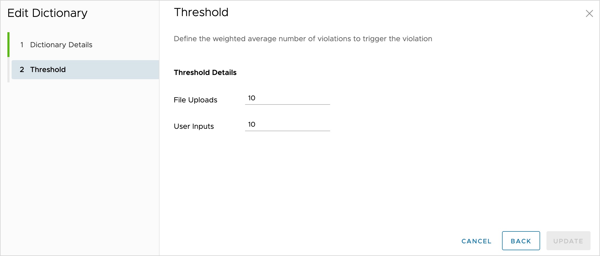 New Dictionary configuration screen with Match Criteria