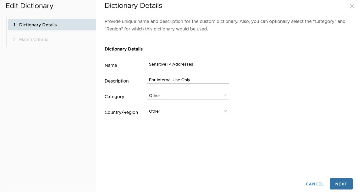 New Dictionary configuration screen with Dictionary Details.