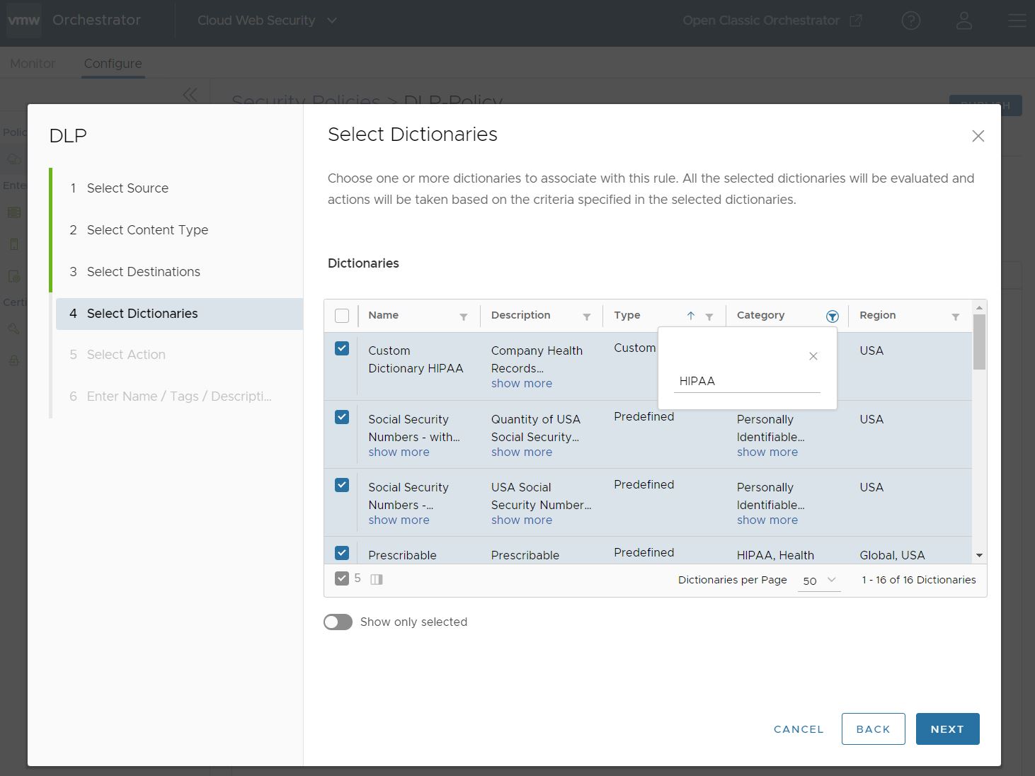 Filtering for Dictionaries using the Category search term HIPAA.