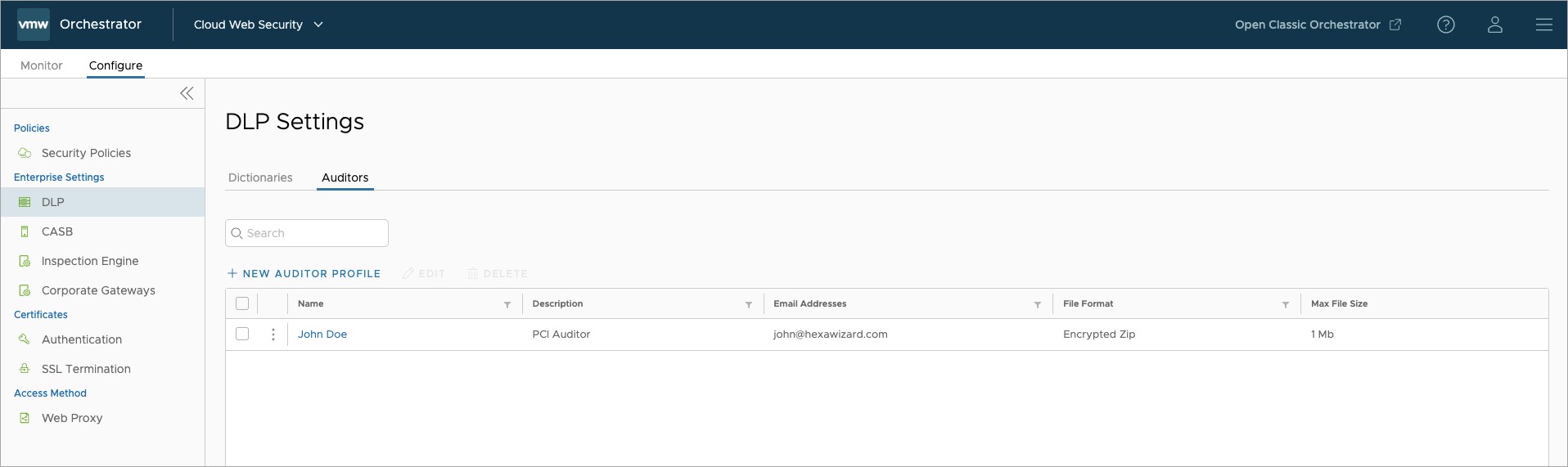 DLP Settings, Auditors page with a fully configured Auditor added.